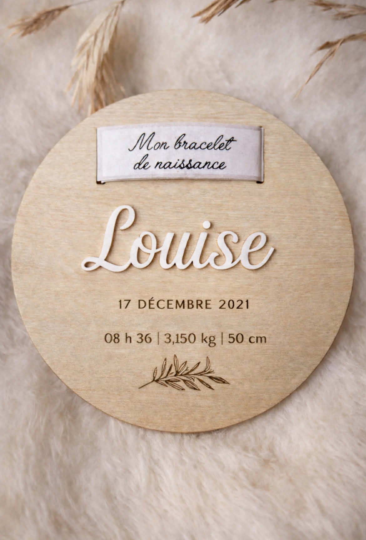 plaque souvenir en bois pour bracelet de naissance bébé gravée