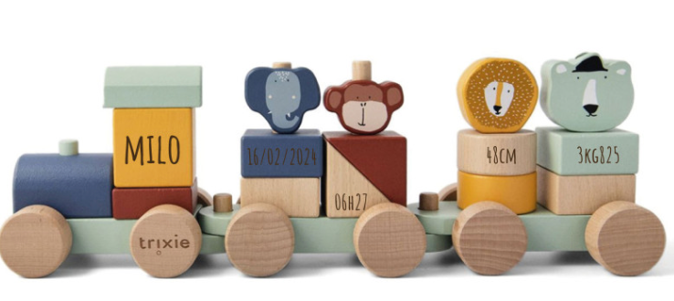 Train en bois personnalisé - Prénom, date, poids, taille et heure de naissance