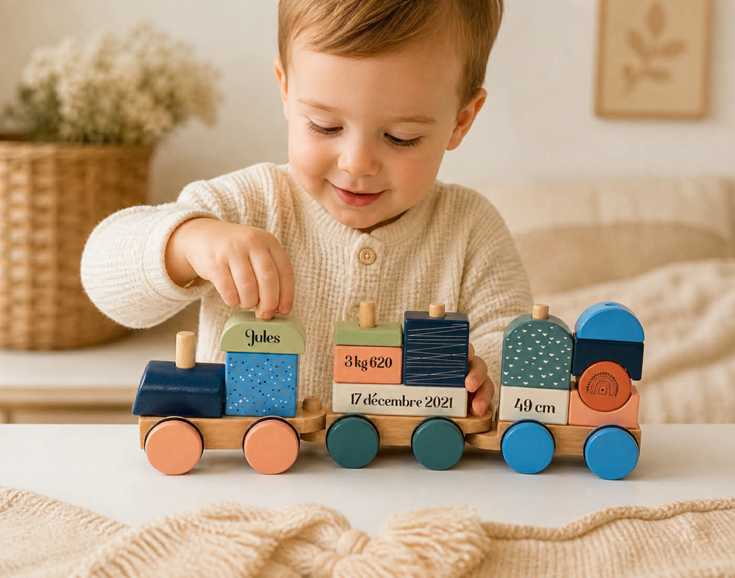 Train en bois personnalisé - Prénom, date, poids, taille et heure de naissance