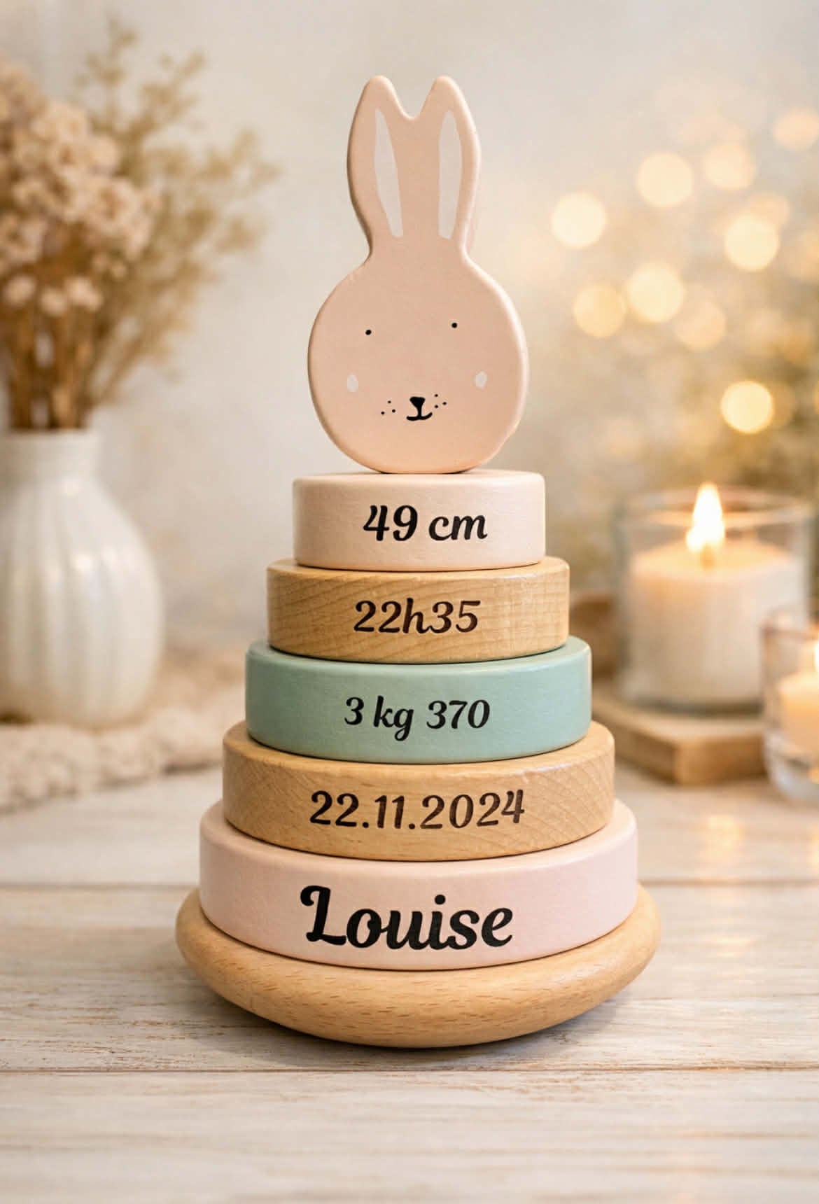 Tour empilable personnalisée naissance lapin bois