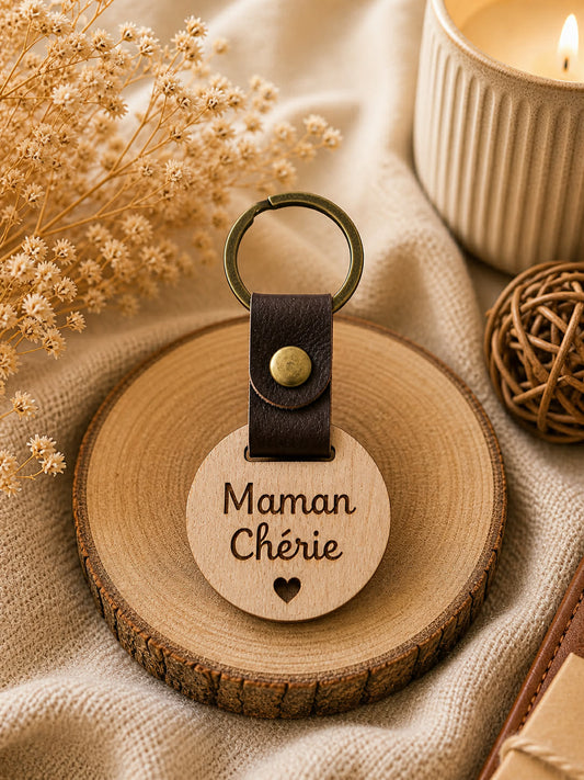 Porte-clés personnalisé Maman chérie — Bois gravé & anneau bronze vieilli