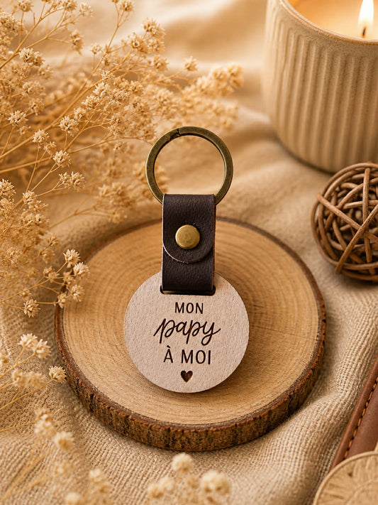 Porte-clés personnalisé Mon papy à moi — Bois gravé & anneau bronze vieilli