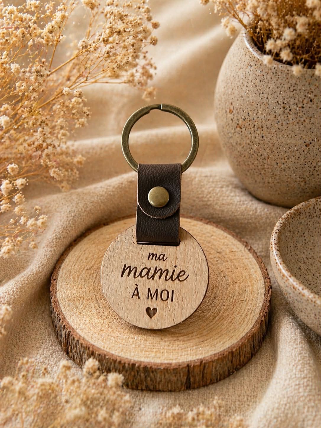 Porte-clés personnalisé Ma mamie à moi — Bois gravé & anneau bronze vieilli