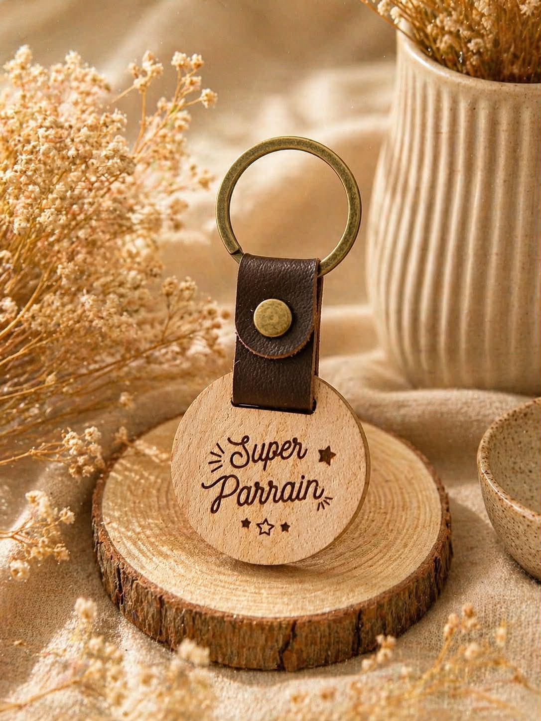 Porte-clés personnalisé Super Parrain — Bois gravé & anneau bronze vieilli