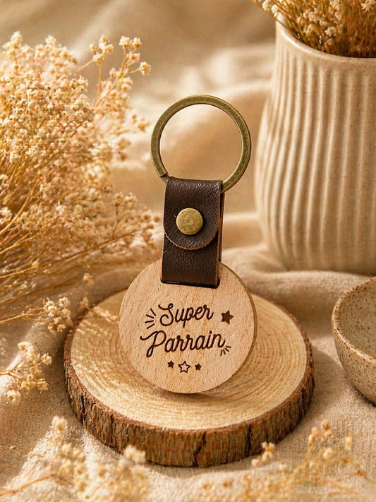 Porte-clés personnalisé Super Parrain — Bois gravé & anneau bronze vieilli