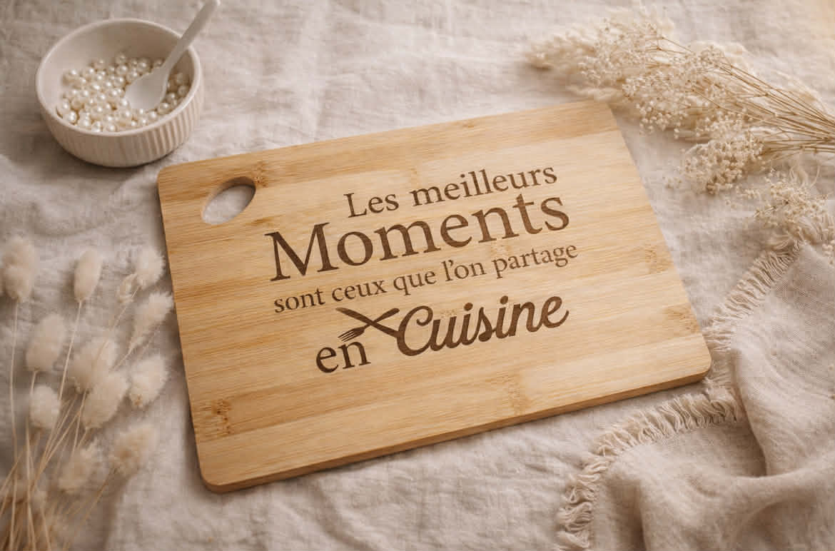 planche à découper bambou gravée - les meilleurs moments se partagent en cuisine