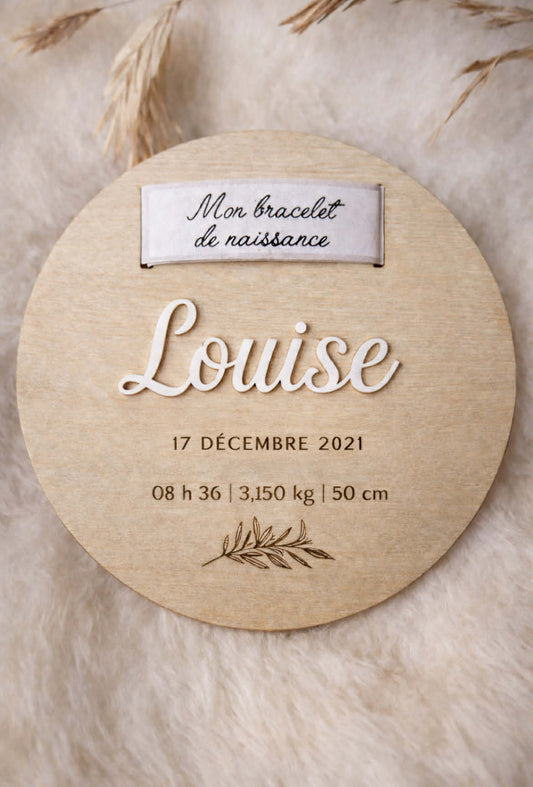 plaque souvenir en bois pour bracelet de naissance bébé gravée